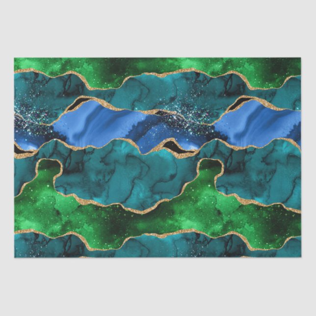 Blue and Green Peacock Faux Glitter Agate Tissue Paper (Front)