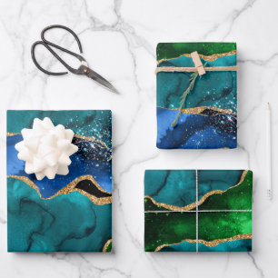 Blue and Green Peacock Faux Glitter Agate Wrapping Paper Sheet