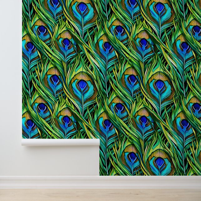 Blue and Green Peacock Feathers Collage Wallpaper (Application)