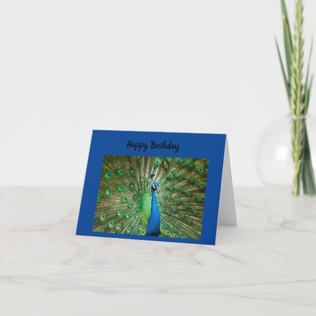 Blue and green peacock happy birthday card (Front)
