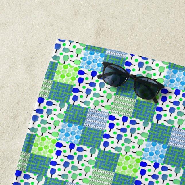 Blue and Green Pickleball Courts, Paddles, & Balls Beach Towel (In Situ)