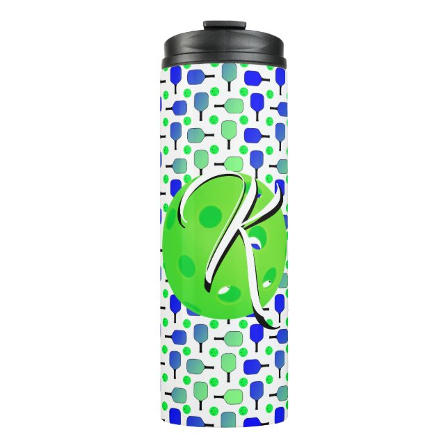 Blue and Green Pickleball Paddles Monogrammed Thermal Tumbler (Front)