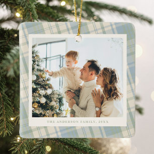 Blue and Green Plaid Photo Ceramic Ornament