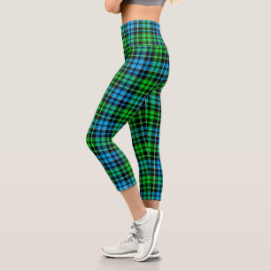 Blue and Green Plaid Tartan Black Capri Leggings