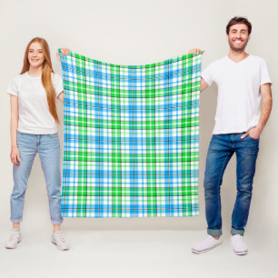 Blue and Green Plaid Tartan White Fleece Blanket