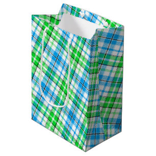 Blue and Green Plaid Tartan White Medium Gift Bag
