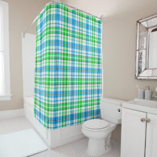 Blue and Green Plaid Tartan White Shower Curtain