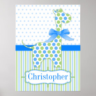 Blue and Green Polka Dot Giraffe Nursery Poster