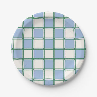 Blue and Green Preppy Painted Checkers/Plaid Paper Plate