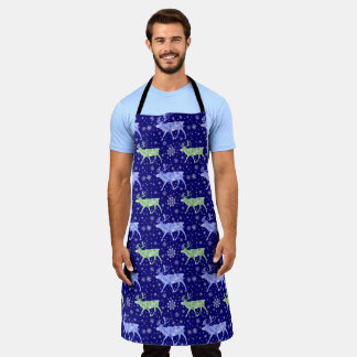 Blue and Green Reindeer on Dark Blue and Snowflake Apron