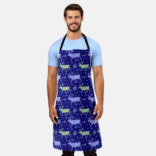 Blue and Green Reindeer on Dark Blue and Snowflake Apron (Worn)