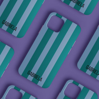 Blue and Green Retro Stripe Script Name Cute iPhone 12 Case