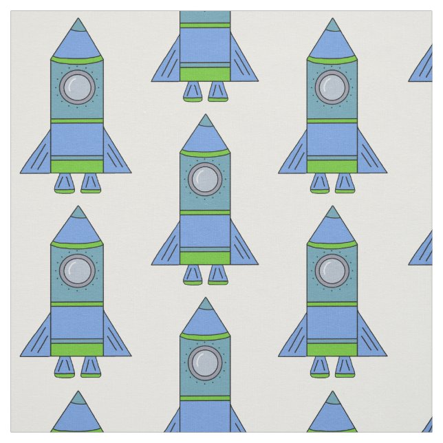 Blue and Green Rocket Space Pattern Kids Fabric (Swatch)