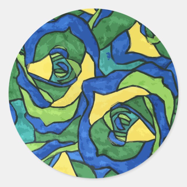 Blue and Green Roses Classic Round Sticker (Front)