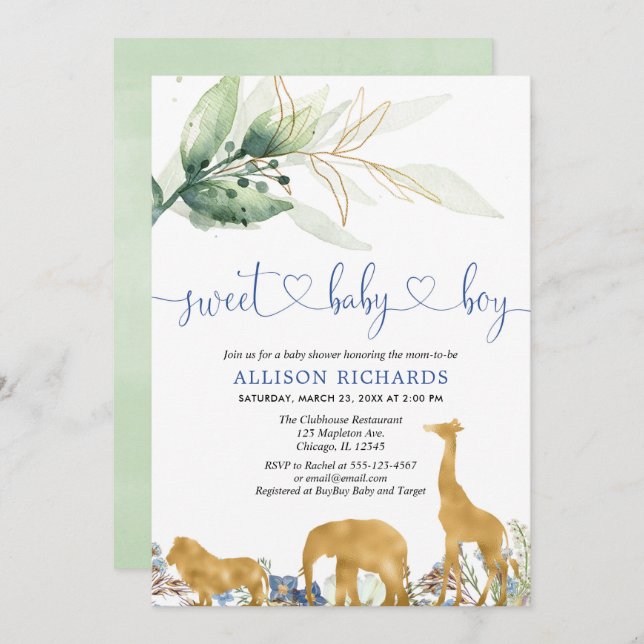 Blue and green safari jungle boy baby shower invitation (Front/Back)