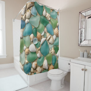 Blue and Green Sea Glass and Seashell  Shower Curtain