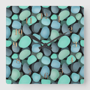 Blue and green sea pebbles square wall clock