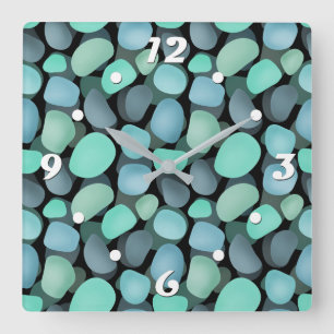 Blue and green sea pebbles square wall clock