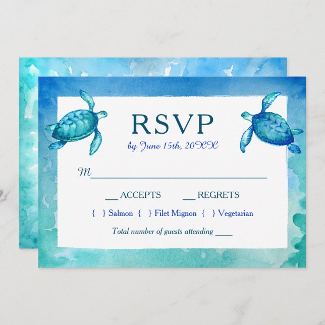 Blue and Green Sea Turtle Wedding RSVP Cards (Front/Back)