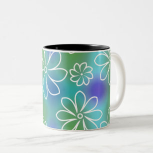 Blue and Green Seamless Floral Pattern Two-Tone Coffee Mug