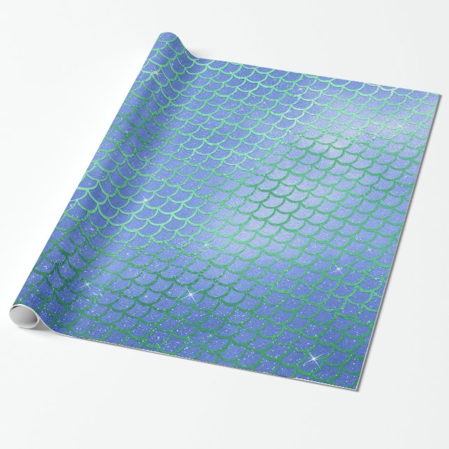 Blue and Green Sparkle Mermaid Scales Pattern Wrapping Paper (Unrolled)