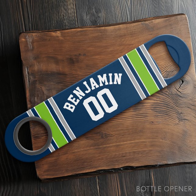 Blue and Green Sports Jersey Custom Name Number (Custom Bar Key)