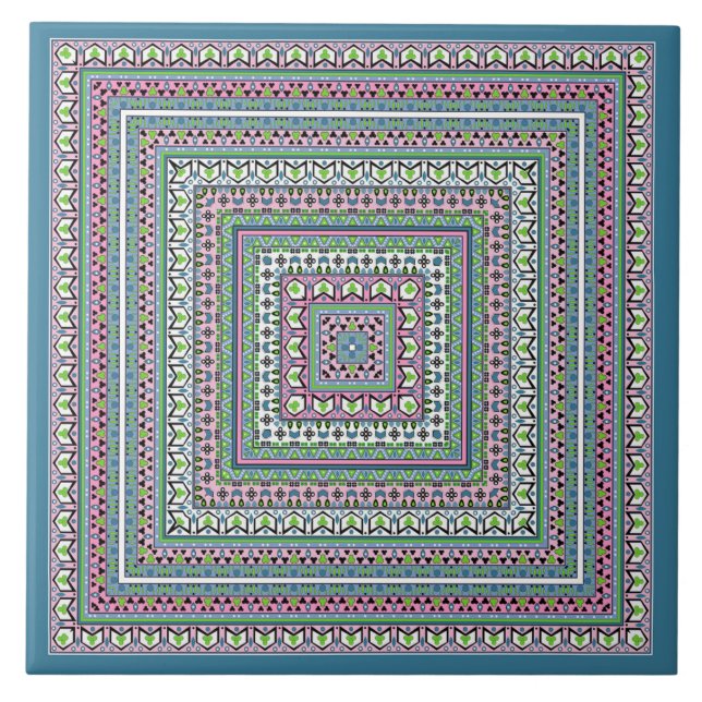 Blue and green square ethnic ornament scarf ceramic tile (Front)