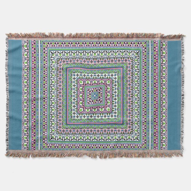 Blue and green square ethnic ornament scarf throw blanket (Front)