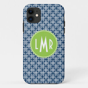 Blue and Green Square Lattice Pattern Monogram iPhone 11 Case