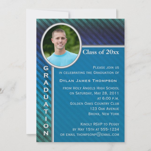 Blue and Green Stripe Photo Graduation Invitation (Front)