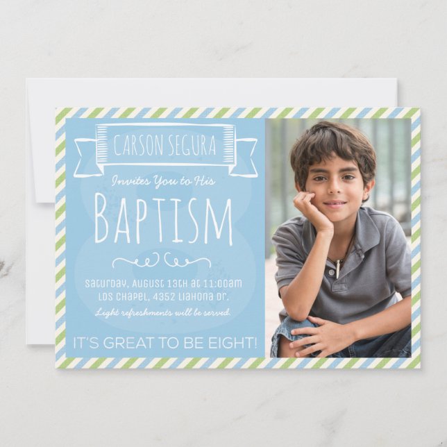 Blue and Green Stripes LDS Baptism Announcement (Front)