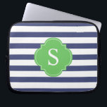 Blue and Green Stripes Monogram Laptop Sleeve<br><div class="desc">Modern and chic horizontal stripes and quatrefoil monogram design.</div>