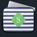 Blue and Green Stripes Monogram Laptop Sleeve<br><div class="desc">Modern and chic horizontal stripes and quatrefoil monogram design.</div>