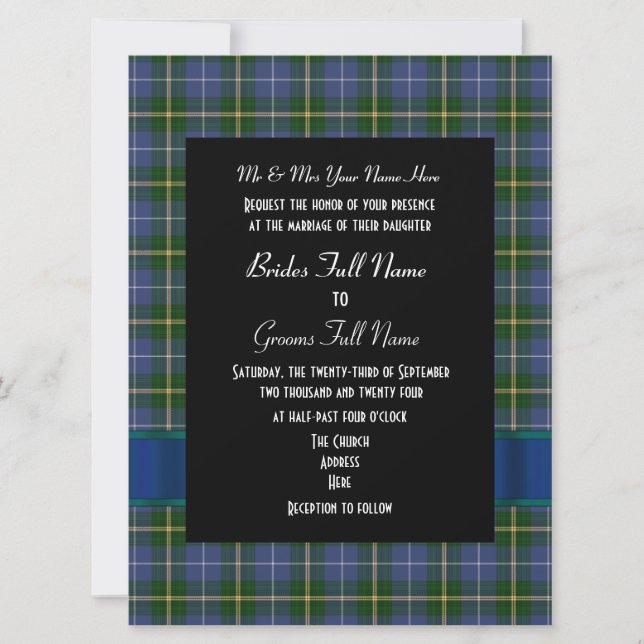 Blue and green tartan plaid formal wedding invitation (Front)