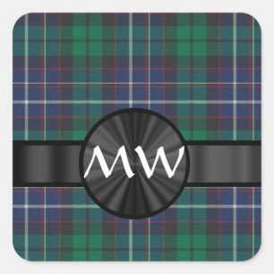 Blue and green tartan plaid square sticker