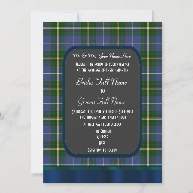 Blue and green tartan plaid wedding invitation (Front)