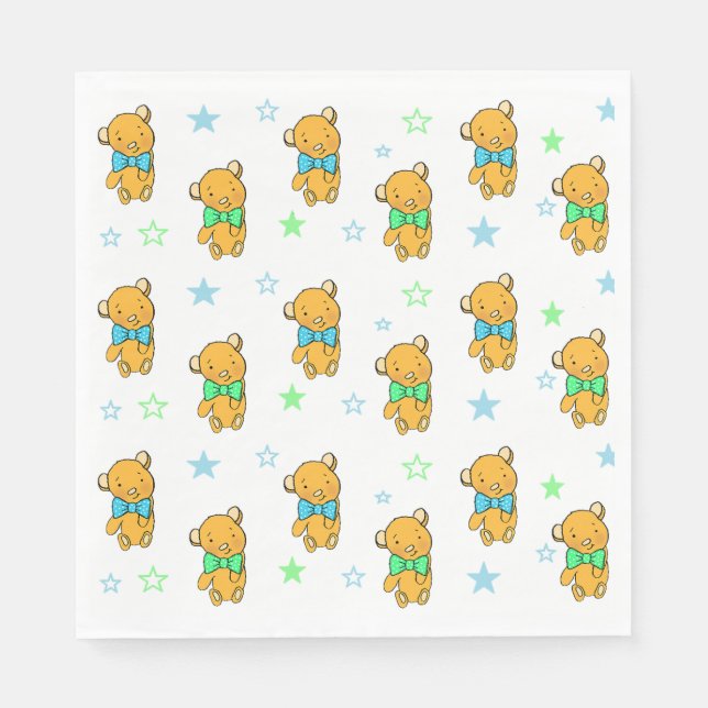 Blue and Green Teddy Bear Boy's Baby Shower Napkin (Front)