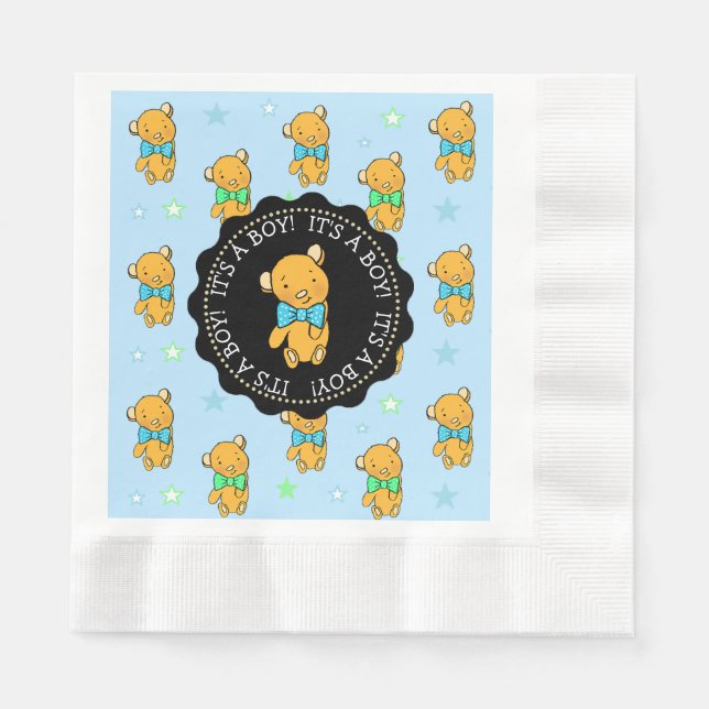Blue and Green Teddy Bear Boy's Baby Shower Napkin (Front)