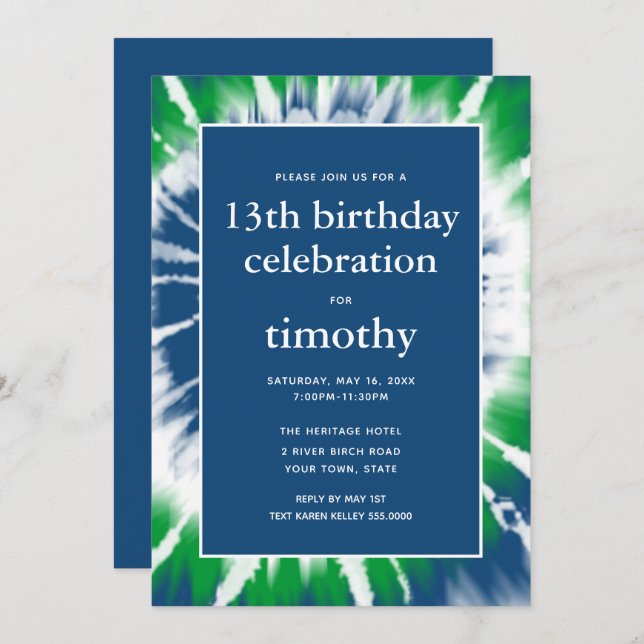 Blue and Green Tie Dye Birthday Invitation (Front/Back)