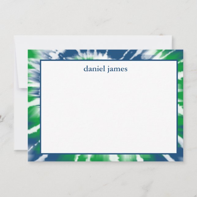 Blue and Green Tie Dye Personalised Flat Note Card (Front)