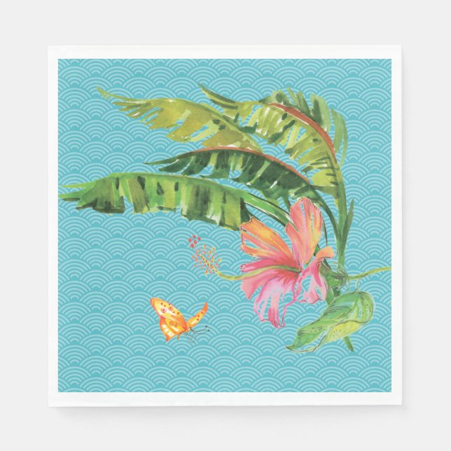 Blue and Green Tropical Leaves Floral Paper Napkin (Front)