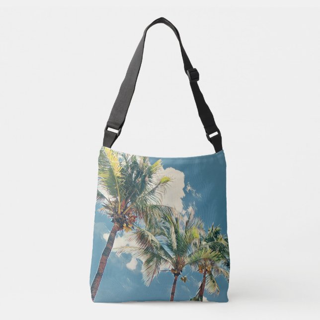 Blue and Green Tropical Palm Tree Crossbody Bag (Front)