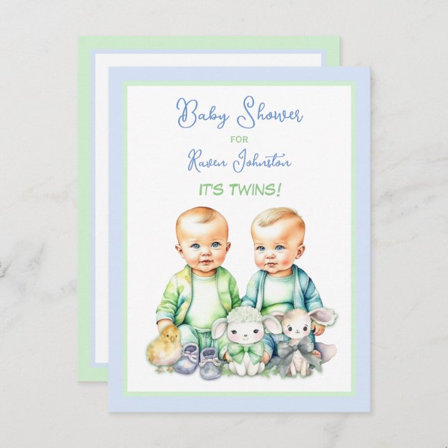 Blue and Green Twin Boys Baby Shower Invitations (Front/Back)