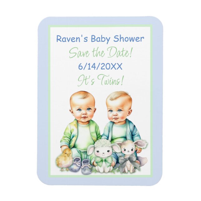 Blue and Green Twin Boys Baby Shower Save the Date Magnet (Vertical)
