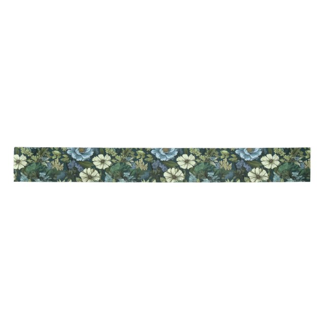 Blue and Green Victorian Wildflowers pattern Satin Ribbon (Front)