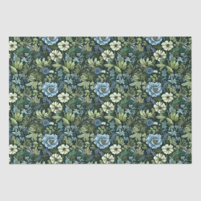 Blue and Green Victorian Wildflowers pattern Tissue Paper (Front)