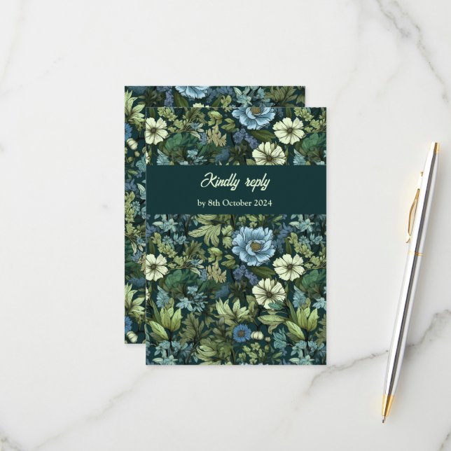 Blue and Green Victorian Wildflowers Romantic  RSVP Card (Front/Back In Situ)