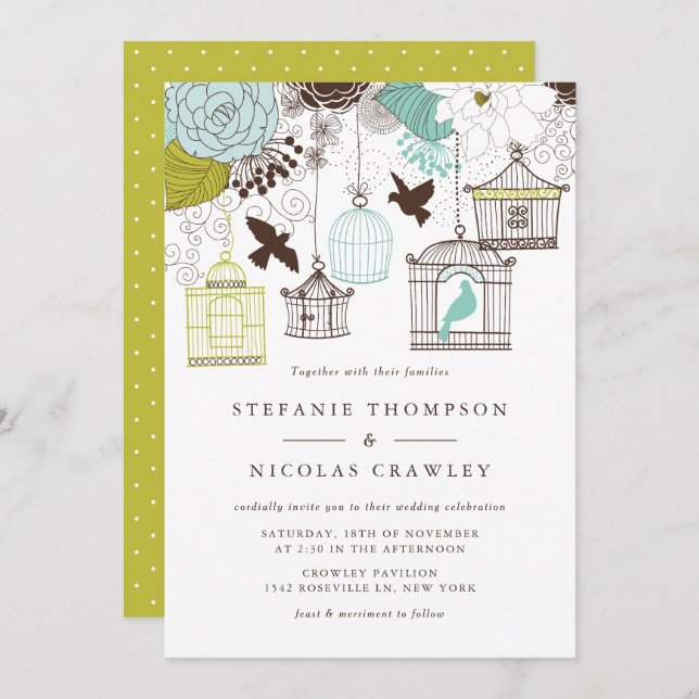 Blue and Green Vintage Birdcages Floral Wedding Invitation (Front/Back)
