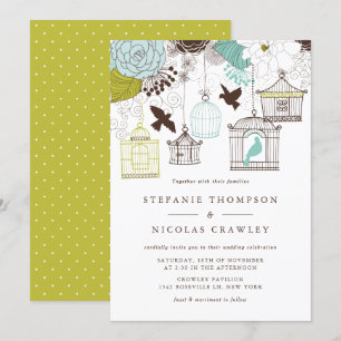 Blue and Green Vintage Birdcages Floral Wedding Invitation