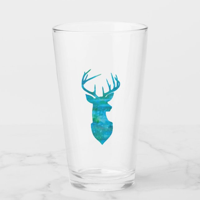 Blue and Green Watercolor Deer Trophy Art Glass (Front)